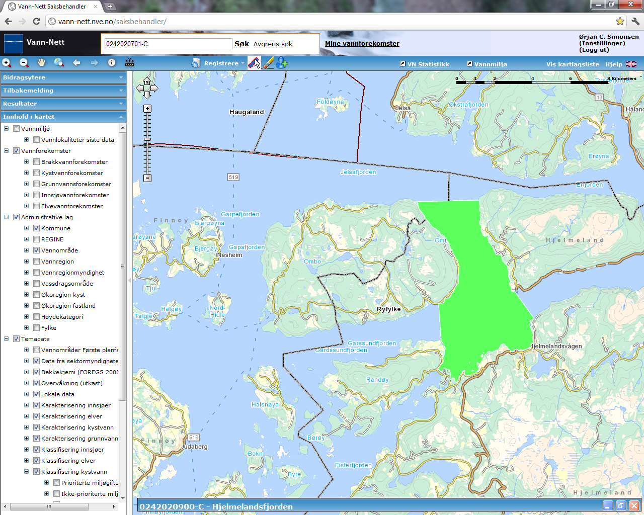 Hjelmelandsfjorden (0242020900-C) God (bunnfauna: god) Liten grad Fiskeoppdrett Liten grad Renseanlegg 2000 PE Overvåkingsdata mm: MOM-C undersøkelse fra lokaliteten Kjehola i