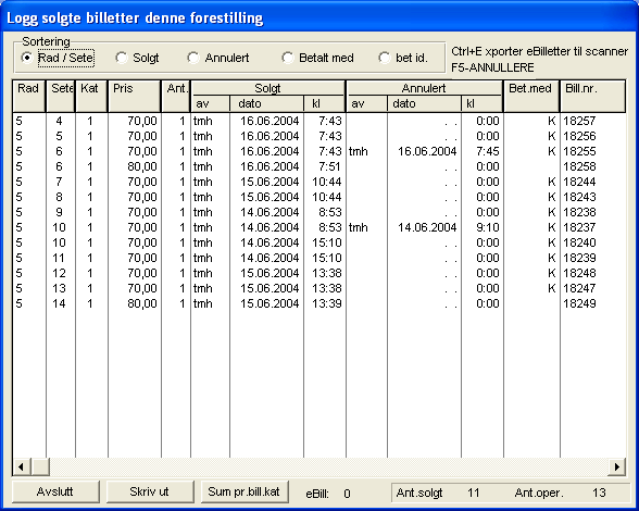 7.3 Billlettlogg (Ctrl L) Alle salg & annulleringer som gjøres logges for hvert enkelt sete (plassbilletter). Her kan man gå inn og kontrollere hvilke operasjoner som er gjort på det enkelte sete.