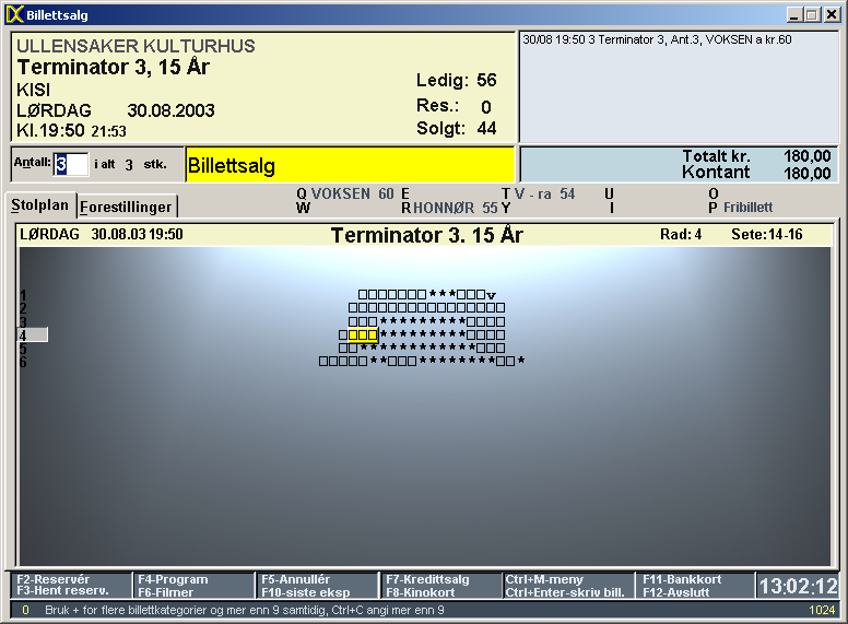 4 Billettsalget Alle billettoperasjoner foregår i dette bildet. Dvs. hvis du skal se hvilke seter du skal selge.