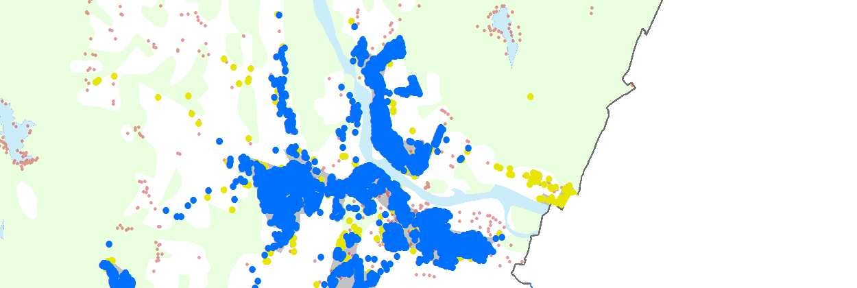 Tegnforklaring! Kommunal vannforsyning! Privat vannforsyning! Hytter / annet Elv Hav Innsjø Skog Tettbebyggelse Åpent område Innbyggere [pers] 13960 Boliger 5182 Boliger m.