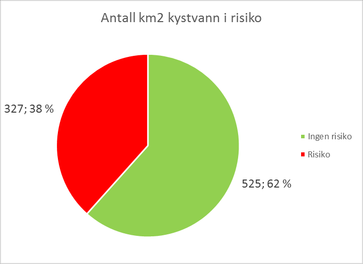 Innsjøer I overkant av halvparten av innsjøarealet, målt i km2, er i risiko for ikke å nå målet om god tilstand i 2021.