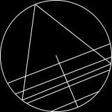 12 7.2. Metode 2. Vi velger en tilfeldig radius i sirkelen, og roterer så trekanten slik at at en av kantene står vinkelrett på radien.
