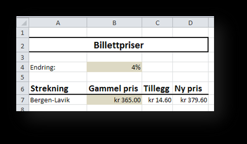 Legg merke til at 4 % vises som 0,04 når vi bruker formelvisning.