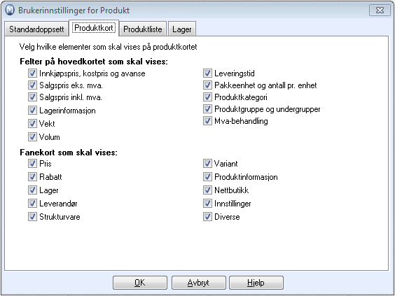 Brukerinnstillinger for produkt Hver enkelt bruker kan tilpasse produktregisteret til sitt bruk i Brukerinnstillinger. Innstillingene som gjøres vil kun gjelde for aktuell bruker.
