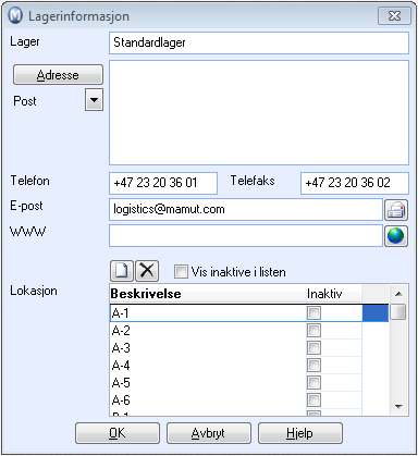 Et nytt lager opprettes ved å klikke på knappen Ny i lagerlisten. I vinduet som kommer opp legger du inn adresseinformasjon o.l. Det er også her du oppretter de forskjellige Lagerlokasjoner.