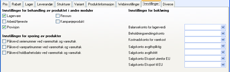 Fyll ut all nødvendig informasjon om varianten. Avhengig av innstillingene du har satt under Variantinnstillinger vil noen felter på variantkortet være grået ut.