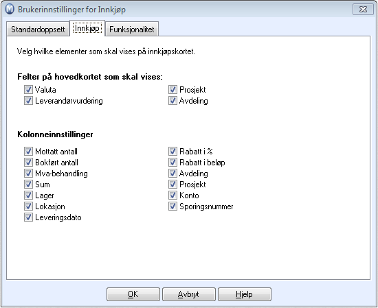 Brukerinnstillinger for innkjøp Gjennom fanekortene i Brukerinnstillinger kan du bestemme hvordan vinduet for innkjøp skal se ut og fungere.