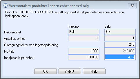 Ved bestilling og da mottak av denne varen skjer følgende: Man bestiller 1 stk enhet (pall) fra leverandør og ved varemottak av denne pallen vil følgende vindu dukke opp: Nå har man mulighet til å