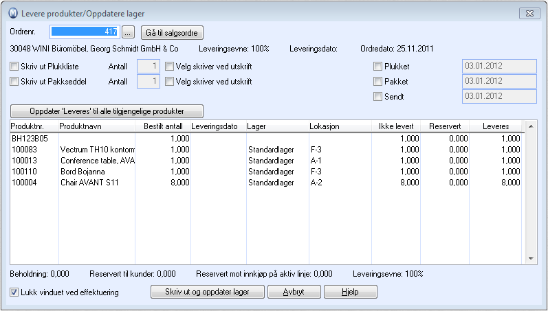Levere produkter - Marker en ordre i øverste del av vinduet hvor du skal ta ut en eller flere varer fra lager for å levere til kunden. - Klikk Levere produkter.