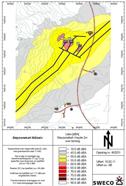 Tilleggsutredning 420 kv Ofoten-Balsfjord Mai 2011 Figur 11. Støysonekart fra tidligere omsøkt Bardufoss transformatorstasjon [6,7].