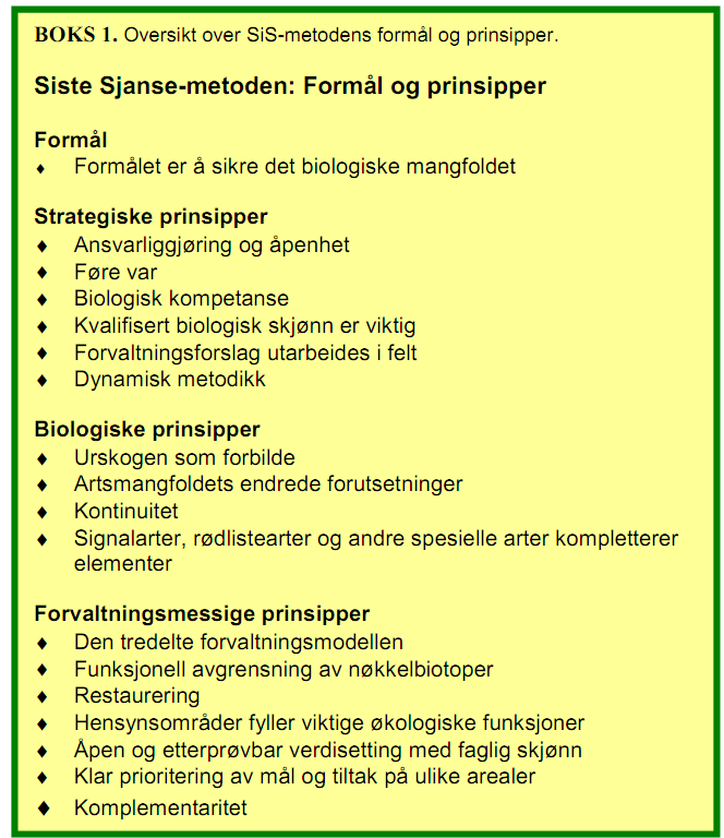 2) Landbruksdepartementet (LD) sin metode: Miljøregistrering i skog biologiskmangfold (MiSmetoden) (Baumann m. fl. 2001; Gjerde og Baumann 2002).