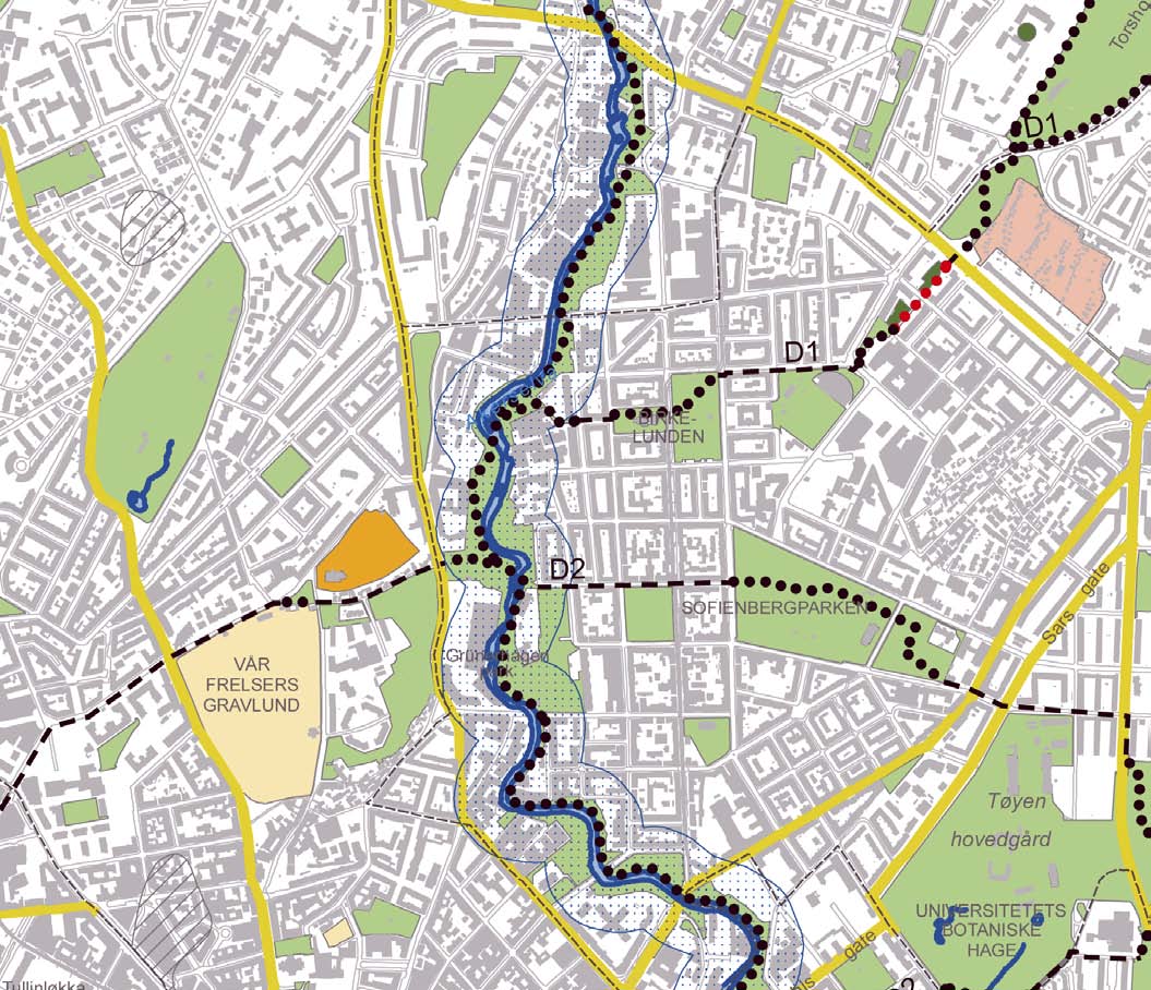 Utsnitt plankart indre Oslo fra Grøntplan for Oslo. Felles planlegging for flere eiendommer Felles planlegging for naboeiendommer om felles gårdsrom kan også være en måte å øke boligpotensialet på.