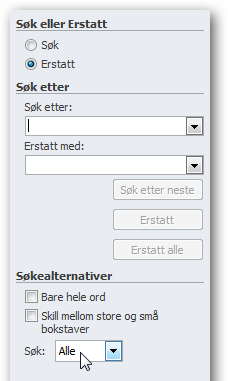 Legge til og endre tekst i en publikasjon, forts. Søk etter teks / erstatt tekst 1. Velg kategorien Hjem og i gruppen Redigering kan du finne tre valg: - Søk (Ctrl+B).