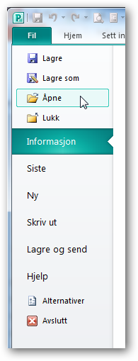 Elementær bruk av programvaren forts. Lagring og åpning av Publisher filer. Publisher er bygd opp og fungerer på samme måten som de øvrige programmene i Officepakken. D.v.s. at f.eks.