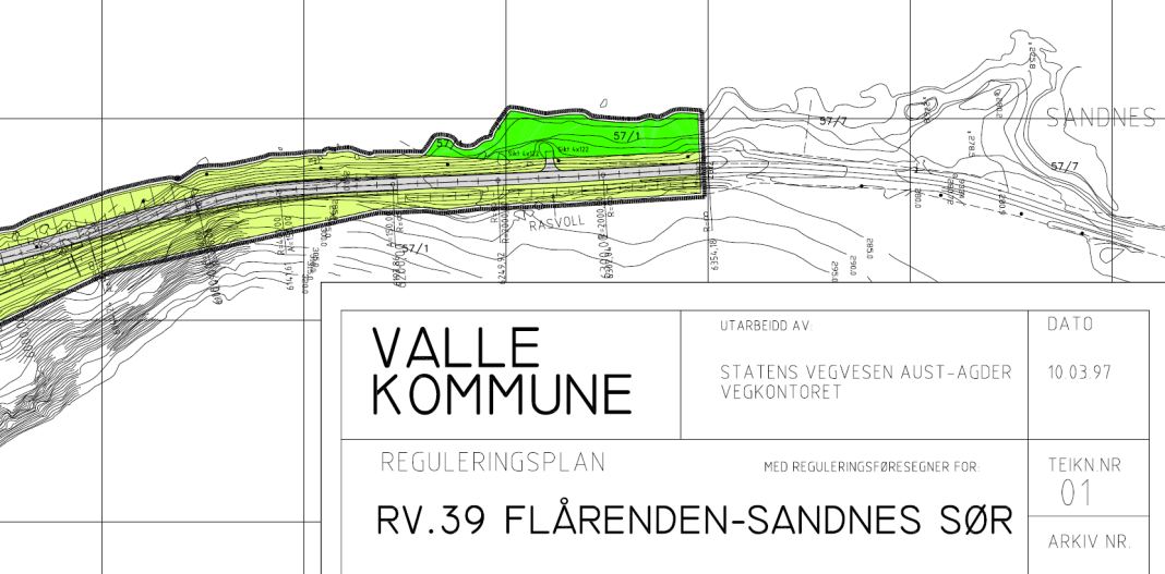 4.2 Tilgrensende reguleringsplaner Reguleringsplan «Flårenden-Sandnes Sør» Reguleringsplanen for vegparsellen sør for Sandnes «Flårenden-Sandnes sør» ble vedtatt av Valle kommunestyre 25.06.1997.