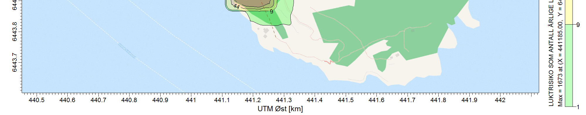 ordre: 53474 side 16 av 23 Figur 20. Luktrisiko angitt som antall lukttimer (timer med timemiddel > 1 ou/m3) per år. Rød: > 1 % av timene. Oransj: 0,5-1 %. Gul: 0,1-0,5 %.