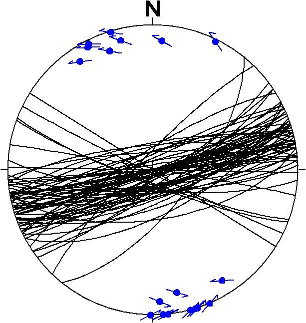 Kapittel 3 Strukturelle beskrivelser Figur 3. 29 a) Strekningslineasjonen (L m ) uttrykt som slip-linear data og mylonittfoliasjonen (S m ) som storsirkler. n=18.