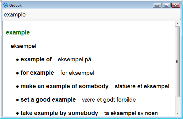 Ordboksvinduet I ordboksvinduet viser LingRight fram ordforklaring for et oppslått ord. Du kan slå opp ord enten fra forslagsvinduet eller fra tekstbehandleren.