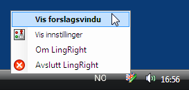 Systemmenyen Når du starter LingRight, vil ikonet til LingRight vises på systemstatusfeltet i Windows. Første gang du starter programmet, vil det også dukke opp en tipsboble over dette ikonet.