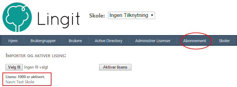 Lingit Administratorverktøy - En introduksjon 15 skoler velger man "Ingen Tilknytning" i pulldown-meny for skolevalg. For å aktivere en lisens gå til «Abonnement» i menylinjen.