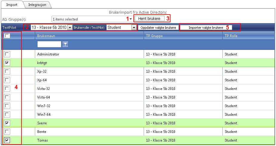 Sette opp Microsoft AD-integrasjon 25 Figur. Importgrunnlaget klargjort for import. Valgte brukere i AD-gruppen Domain Users blir nå importert til brukergruppen Klasse 5b 2010 med rollen Student.