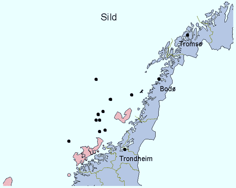 Figur 5.2 Viktige gytefelt for torsk, sei, hyse og sild i Norskehavet. Eksisterende og planlagte utbygginger er vist på figuren. enn laksen, og foretar næringssøk i grunne kystområder.