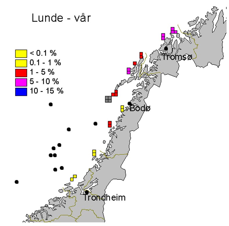 Figur 5.5 Prosentvis fordeling av storskarv i hekkesesongen, ærfugl i vintersesongen, og lundefugl i vår- og sommersesongen. Eksisterende og planlagte utbygginger er vist på figuren.