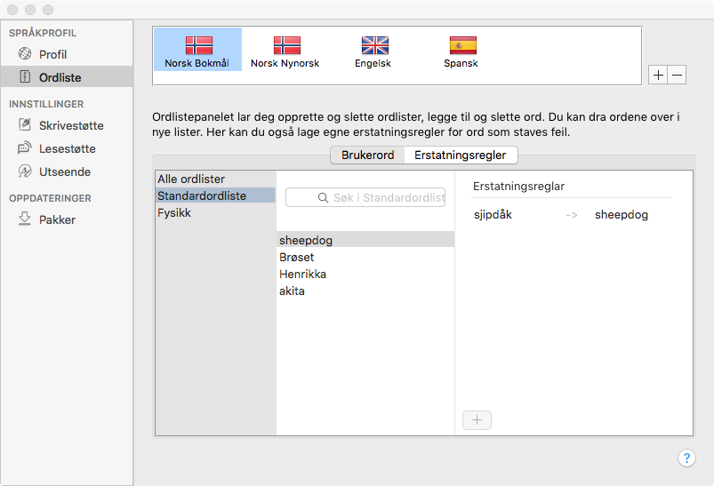 Tilpasse Lingpilot 13 Opprette ny og slette en språkprofil I OS X finnes det innebygget stavekontroll og talesynteser for flere språk enn bokmål, nynorsk og engelsk.