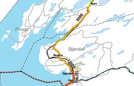 Kapittel 2 Valg av dimensjoneringsklasse 2 Valg av dimensjoneringsklasse I 2009 var ÅDT mellom Stjørdal og Åsen 8 000 12 000, med 12 000 mellom Stjørdal og Skatval og 8