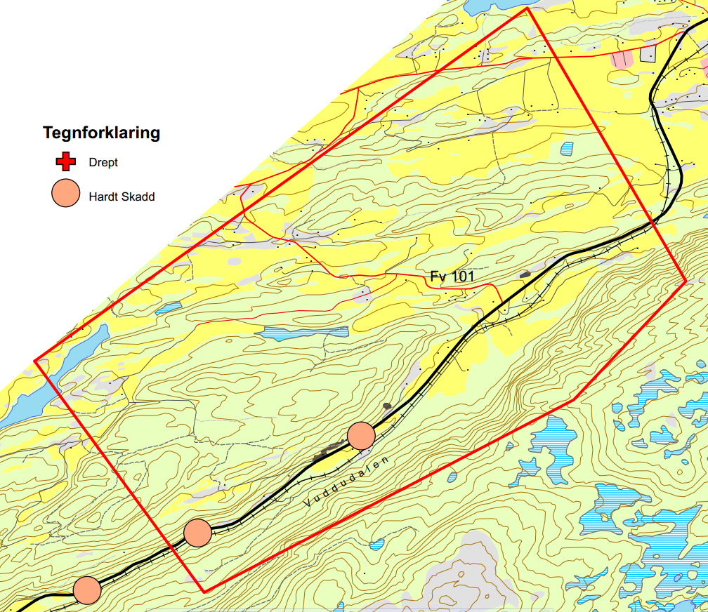 Kapittel 3 Inndeling i parseller Figur 20: Ulykker i parsell 3 (Statens vegvesen og Jernbaneverket 2011). 3.3.4 Lokalvegnett Av lokalvegnett er det i området rundt parsell 3 én fylkesveg (Fv101), én kommunal veg og en del private veger og traktorveger.