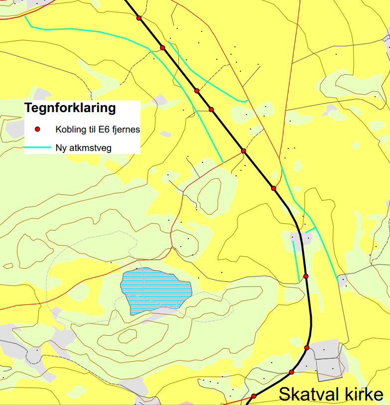 Kapittel 5 Vurdering av utbedringsalternativer Figur 41: Nye atkomstveger ved Kvithammaren. Skatval Kirke har i dag atkomst direkte inn på E6, se Figur 42.