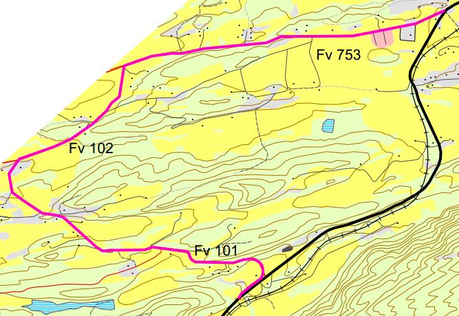 Kapittel 5 Vurdering av utbedringsalternativer Figur 55: Alternativ 2 for lokalveg i øvre del av Vuddudalen.