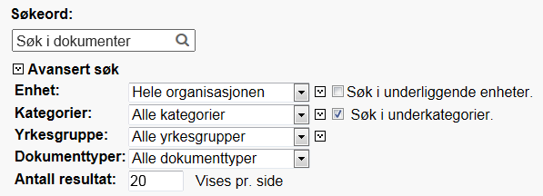 Søk i dokumenter Enkelt søk: Her søker du i tittel og innhold på alle globale dokumenter og dokumenter som gjelder for din aktive enhet.