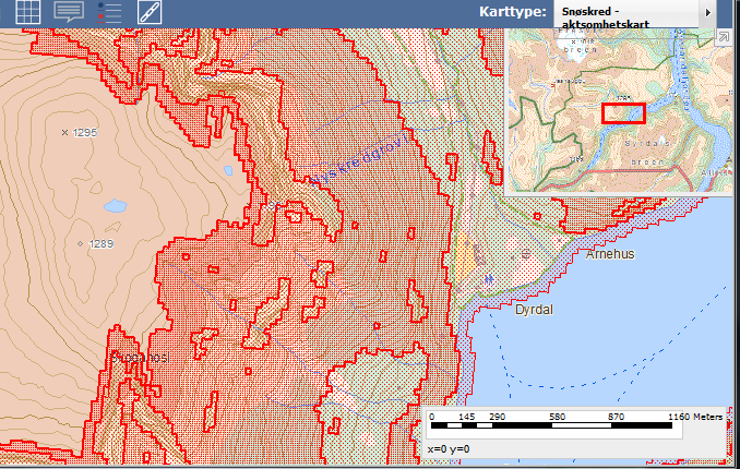 Fig.10. Aktsemdkart for snøskred. Mørk skravur: Område for utløysing. Lys skravur. Utløpsområde. www.skrednett.