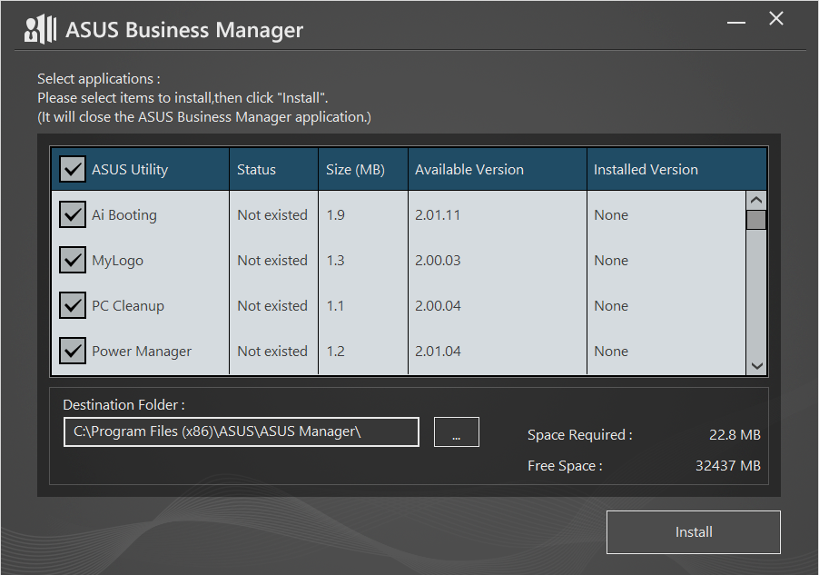 NORSK Kapittel 5 Bruke ASUS Business Manager ASUS Business Manager ASUS Manager er et sett med verktøy du kan bruke til å tilpasse og vedlikeholde ASUSdatamaskin. Installere ASUS Business Manager 1.