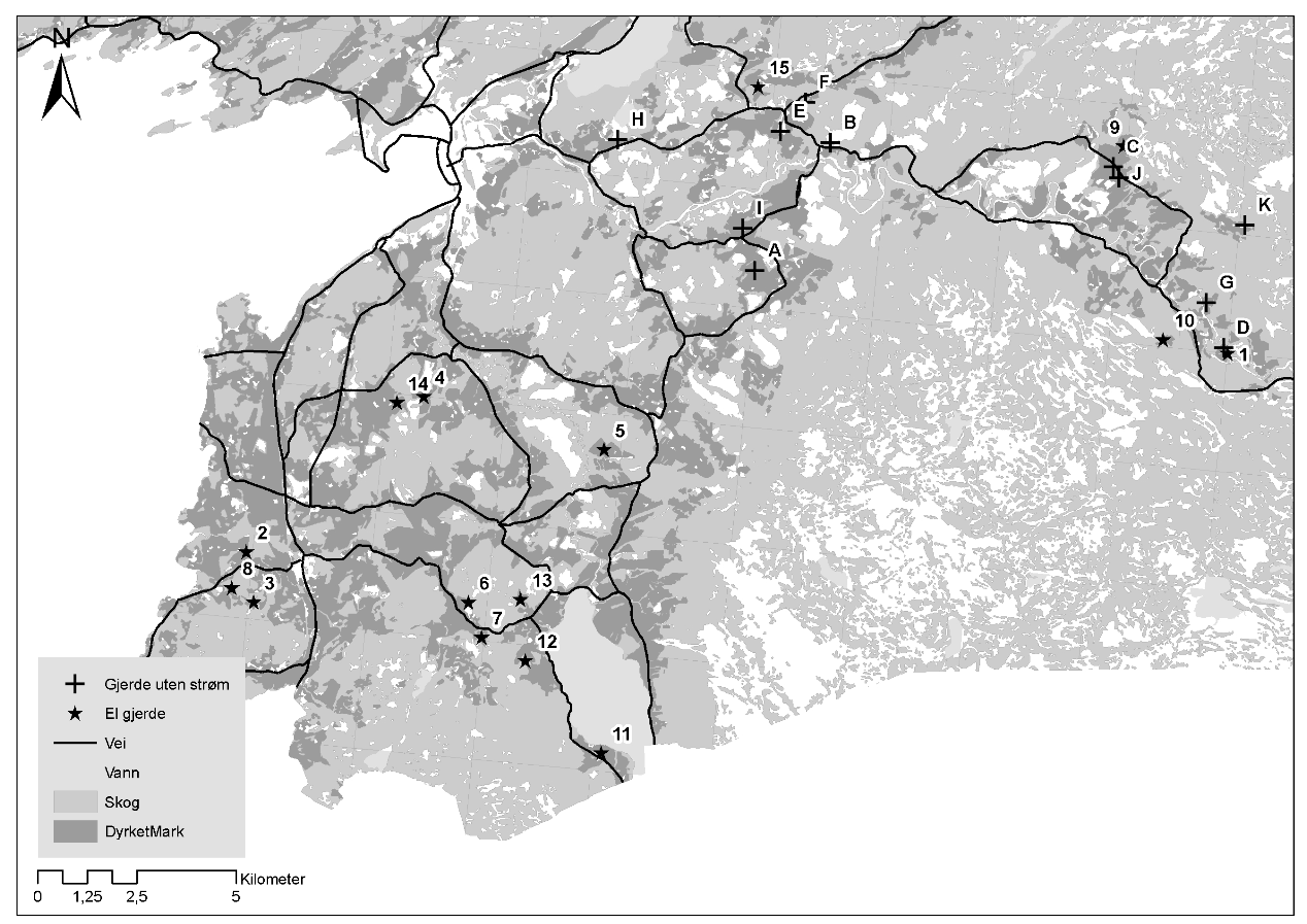 Figur 10: Geografisk plassering av h.h.v. 15 kjente gjerder med strøm og 11 kjente gjerder uten strøm, benyttet i Steinkjer vinteren 2008/2009.