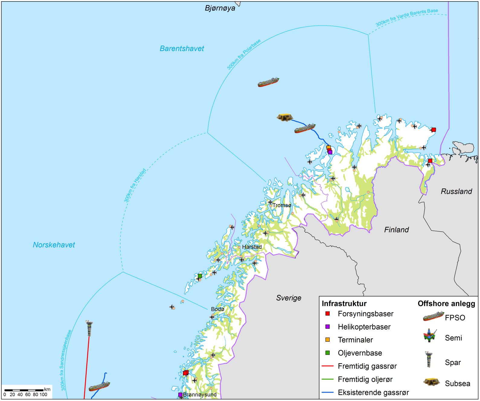 Feltsenteroversikt Nord-Norge 2030 nedsidescenario Kartet viser Rystad Energys Nedsidescenario* for Nord-Norge i 2030 basert på følgende antagelser: Nord-Norge