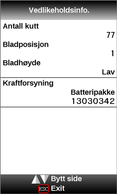 4.7. Vedlikeholdsinfo I under-menyen Vedlikeholdsmeny (Vedlikeholdsinfo) ligger informasjon om maskinens serienummer, maskinvareversjon, antall skjøter med de gjeldene elektrodene, antall skjøter