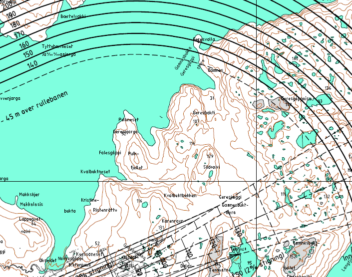 Figur 21: De røde linjene viser koter for maksimal byggehøyde i navigasjonsinstrumentenes restriksjonsområder (ekvivalent. 10m). (Kilde: Avinor).