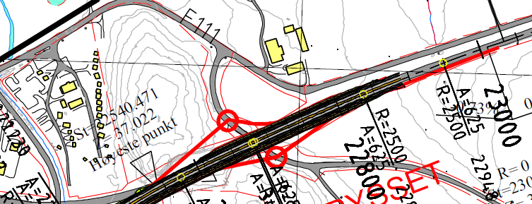 Kommunedelplan (KDP) med Konsekvensutredning E6 Kvithammar-Åsen 30 Figur 11 Forslag til ny E6 og nytt lokalvegnett, Åsen kryss nord. Røde linjer viser nye traséer for lokalveg.