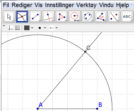 Passer Vi skal finne punkt C som ligger 5 cm fra A på det venstre vinkelbeinet til A. Vi tegner først en linje som er 5 cm (DE). Deretter velger vi verktøyet Passer.