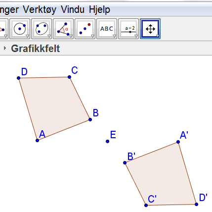 Speile et objekt om et punkt Vi tegner figuren vi skal speile om et punkt. Så setter vi av punktet (E) som vi skal speile figuren om.