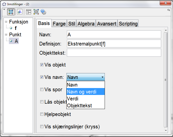 Da blir bunnpunktet merket av på grafen (A). Koordinatene for bunnpunktet står i Algebrafeltet.