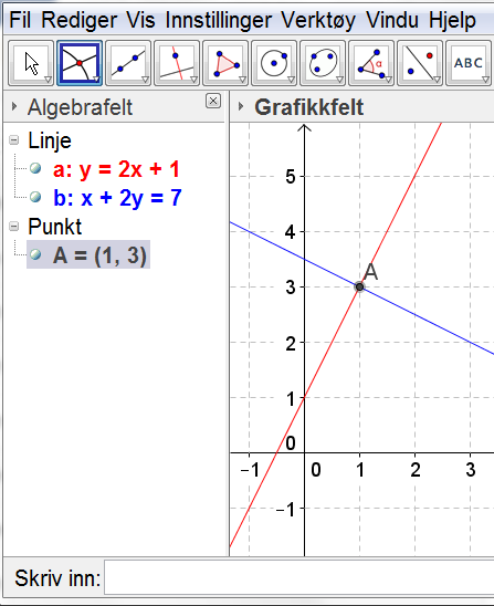 Vi gjør det samme med den andre grafen og velger en annen farge enn på den første grafen. Vi finner skjæringspunktet mellom grafene for å finne løsningen av likningssettet.