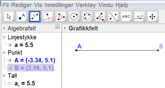 Linjestykke mellom to punkter Vi velger verktøyet Linjestykke mellom to punkt. Når vi klikker i Grafikkfeltet, lager vi punkt A. Vi fører markøren vekk fra punkt A.