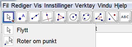 Når vi har brukt verktøyet Nytt punkt og tegnet to punkter, kan vi tegne et linjestykke mellom de to punktene. Vi velger verktøyet Linjestykke mellom to punkt.