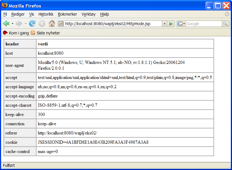 Figur 8: HTTP-hodet i en forsendelse fra klienten til tjeneren Vi har altså mulighet til å hente ut opplysninger som sendes med fra nettleseren når en forespørsel gjøres.