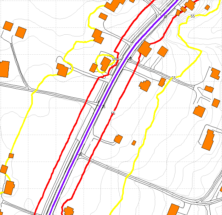 VEDLEGG B: VEITRAFIKKSTØY, DAGENS SITUASJON, 4 METER BEREGNINGSHØYDE Figur 3: Beregning av støykoter for veitrafikkstøy fra Vikersundveien. Dagens situasjon.