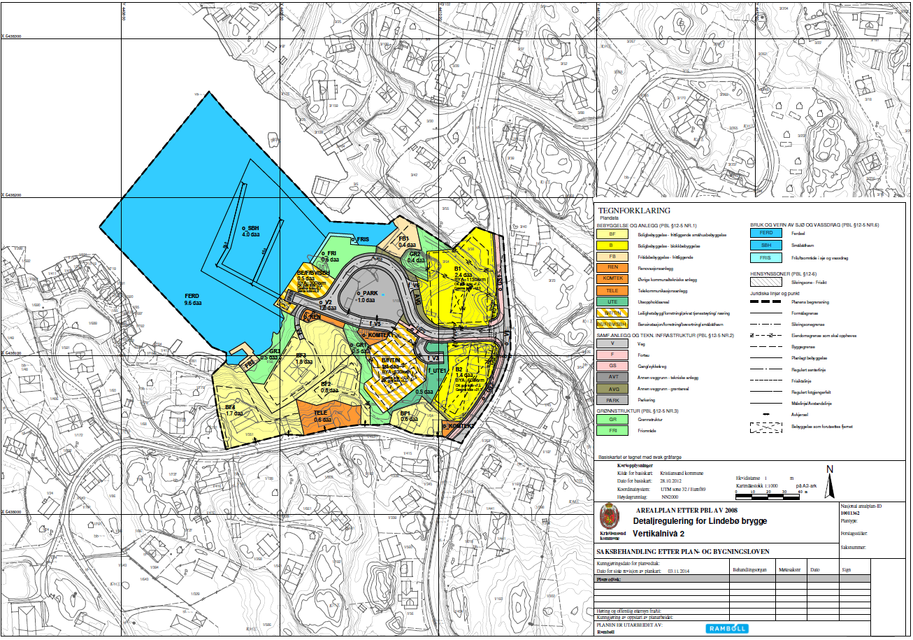 Kart 2 Justert detaljreguleringsplan for Lindebø brygge hvor utformingen av båthavna i Lindebøkilen endret.