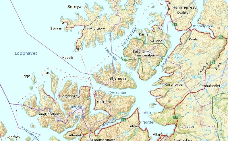 Slettnes Segelvik Kårhamn Skavnakk Loppa Sandland Sør-Tverrfjord Bergsfjord Hasvik Kvalfjord Pollen Survik Sennabukt